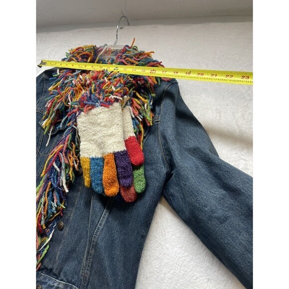 Amano Womens M Blue Denim Multicolor Wool Shag Trim Gloves Jean Jacket - Picture 3 of 11